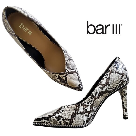 Bar III NIB Snakeskin Heels BINSAP Natural / Snake Print Studded Detail 8M - Picture 1 of 14